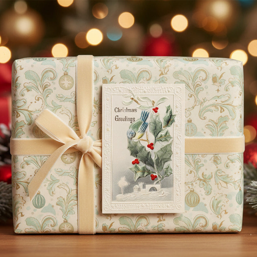 1913 Blue Warbler Songbird Vintage Flocked Novelty Christmas Postcard, shown as a gift topper.