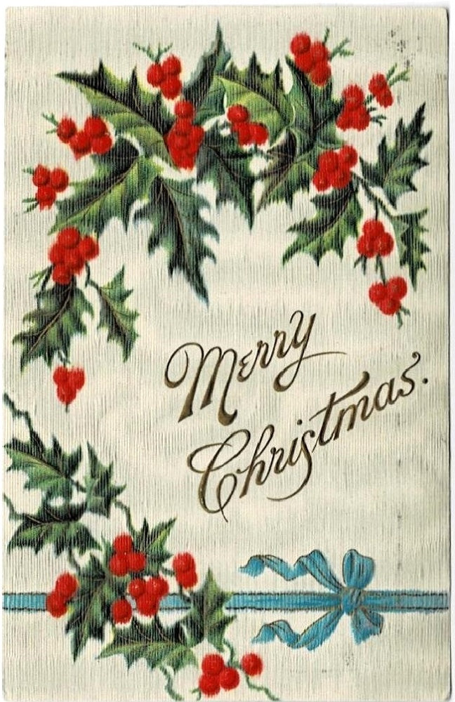 1907 Blue Bow Traditional Vintage Antique Christmas Postcard.