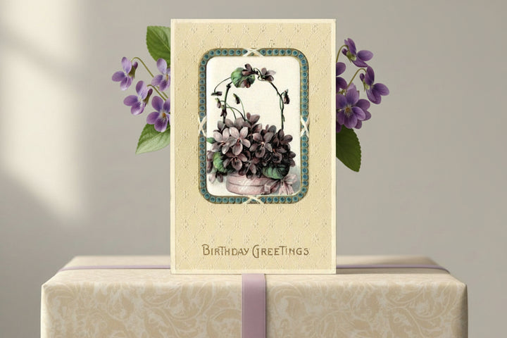 1912 Silk Basket of Birthday Violets Postcard