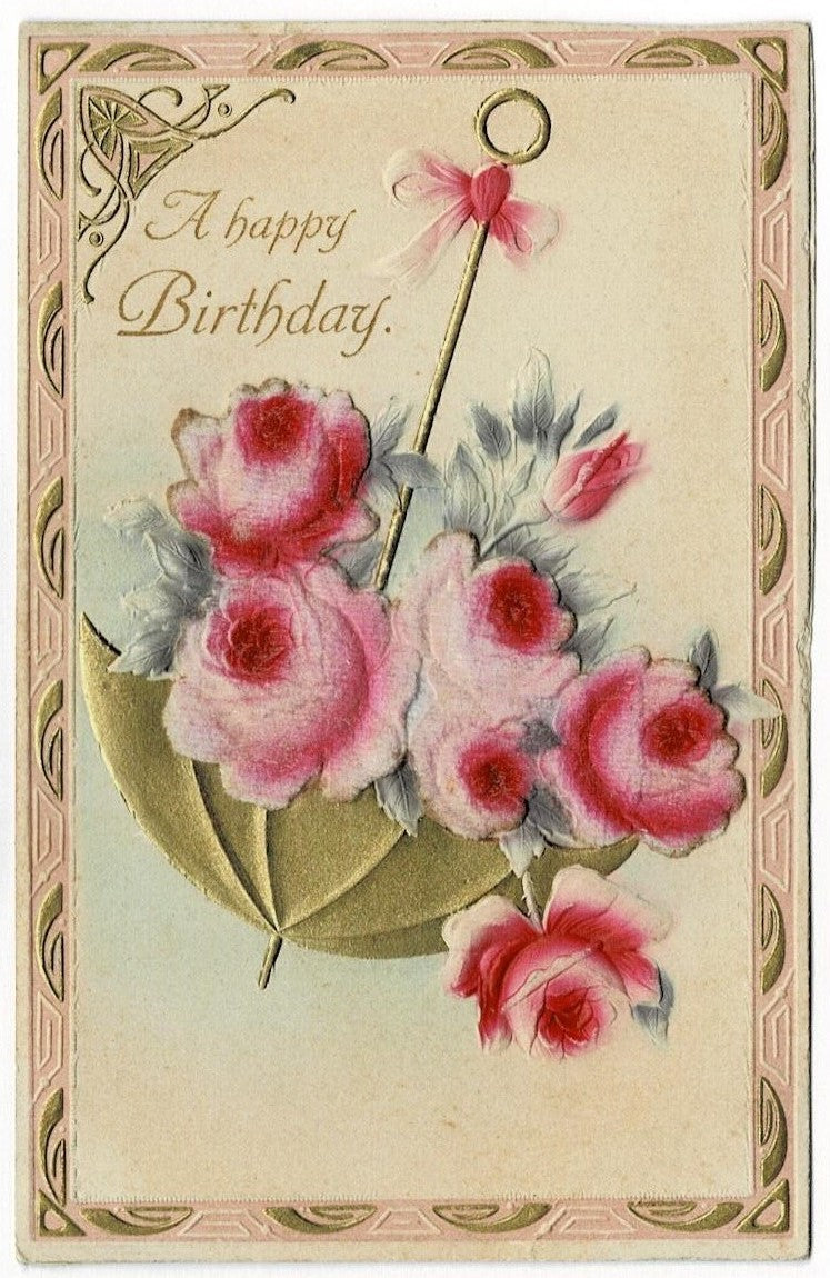1910 Flocked Pink Roses Vintage Birthday Postcard