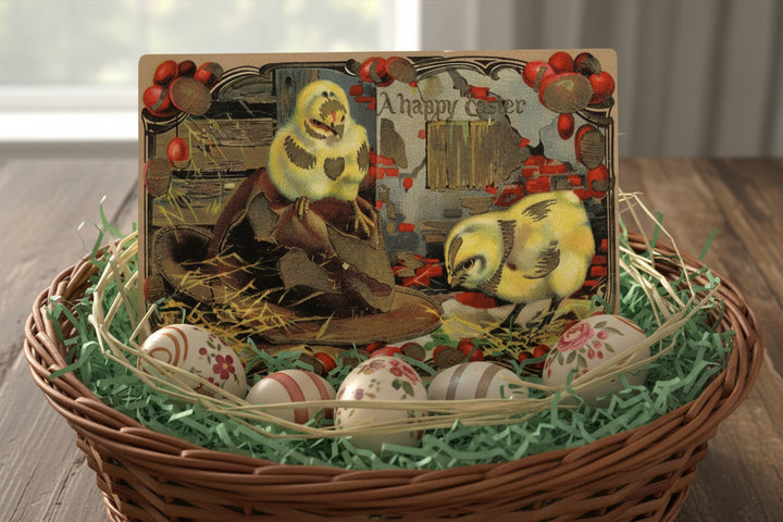 Vintage Easter card with chicks and decorative elements.