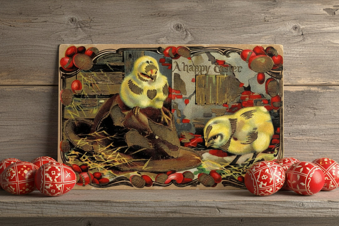 Vintage Easter card with chicks and decorative elements