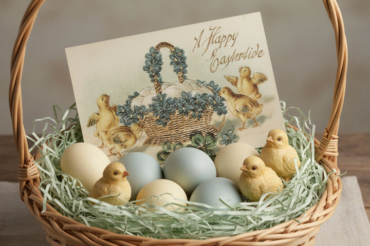 Antique or Vintage Easter postcard shown in a Easter Basket as basket stuffer.