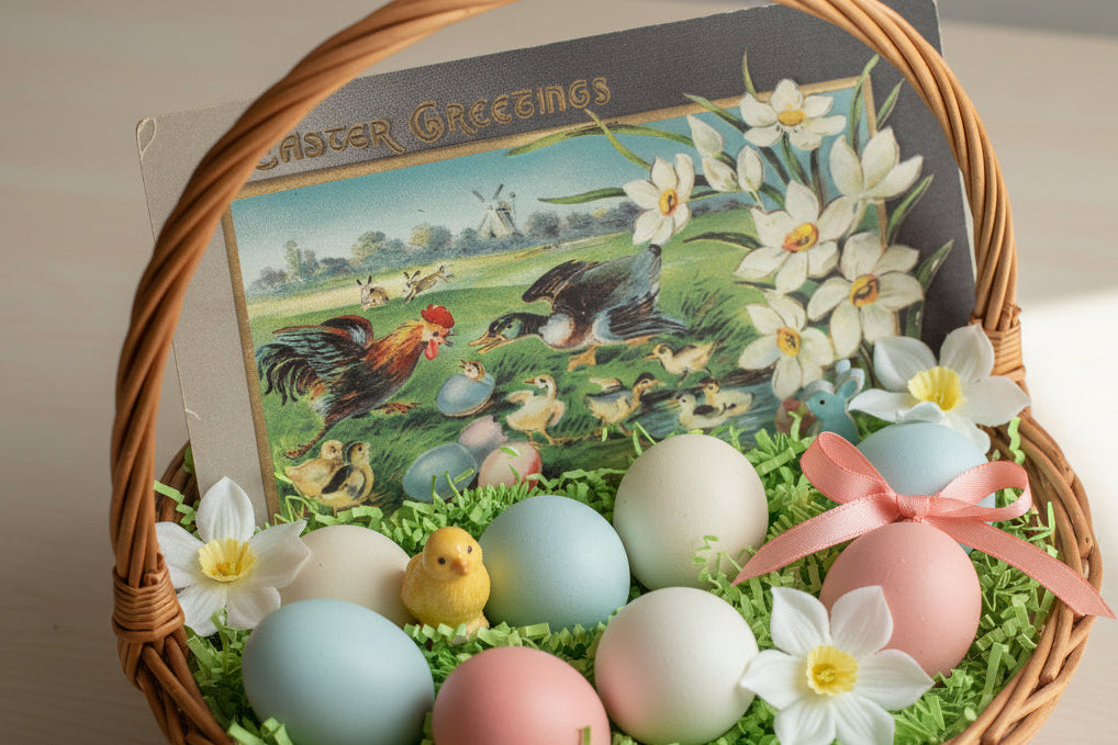 Antique or Vintage Easter postcard shown in a Easter Basket as basket stuffer.
