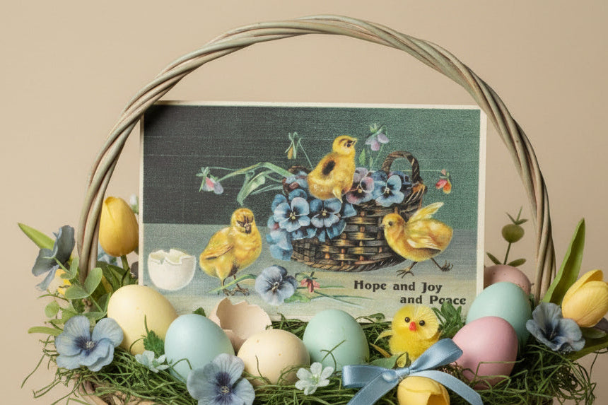 Antique or Vintage Easter postcard shown in a Easter Basket as basket stuffer.