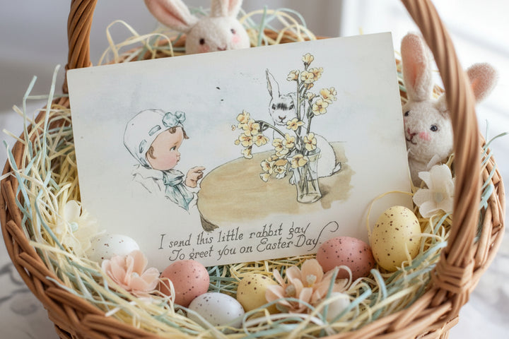 Antique vintage Easter postcard in Easter basket as basket stuffer.