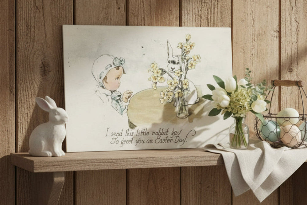 Antique, vintage Easter postcard shown on shelf as unique, seasonal holiday display.