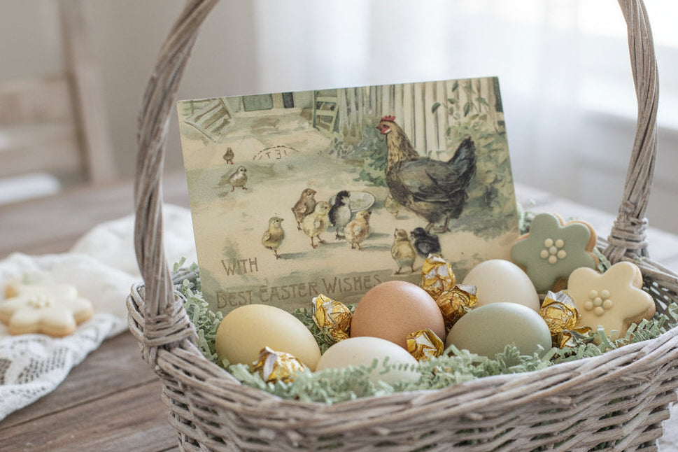 Antique or Vintage Easter postcard shown in a Easter Basket as basket stuffer.