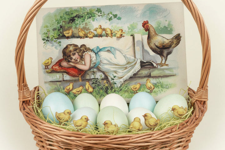 Antique or Vintage Easter postcard shown in a Easter Basket as basket stuffer.