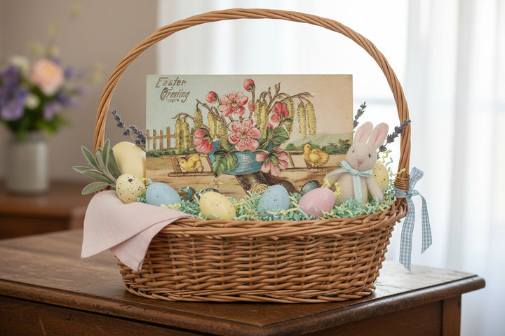Antique or Vintage Easter postcard shown in a Easter Basket as basket stuffer.