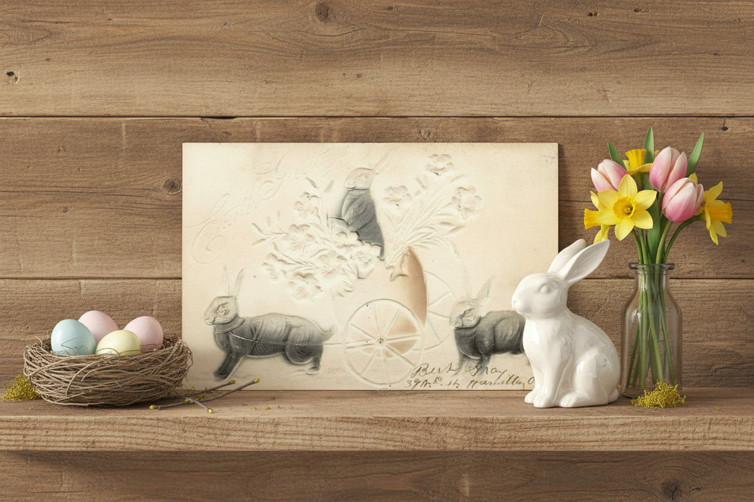 Antique, vintage Easter postcard shown on shelf as unique, seasonal holiday display.