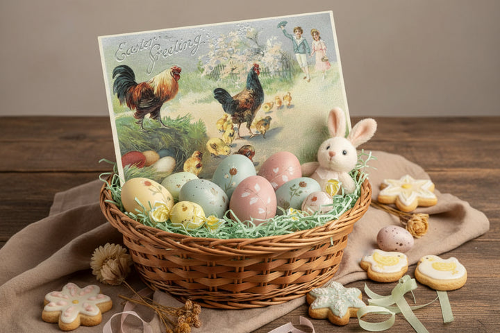 Antique or Vintage Easter postcard shown in a Easter Basket as basket stuffer.