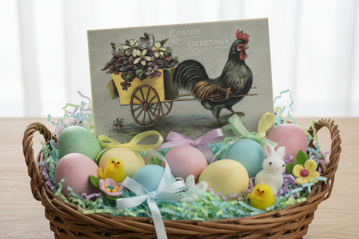 Antique or Vintage Easter postcard shown in a Easter Basket as basket stuffer.