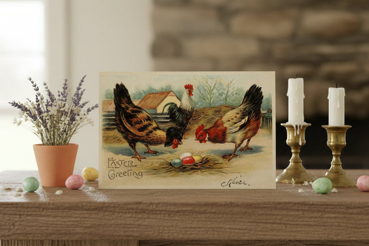 1909 Rooster & Hens Discuss Easter Eggs in Nest Postcard