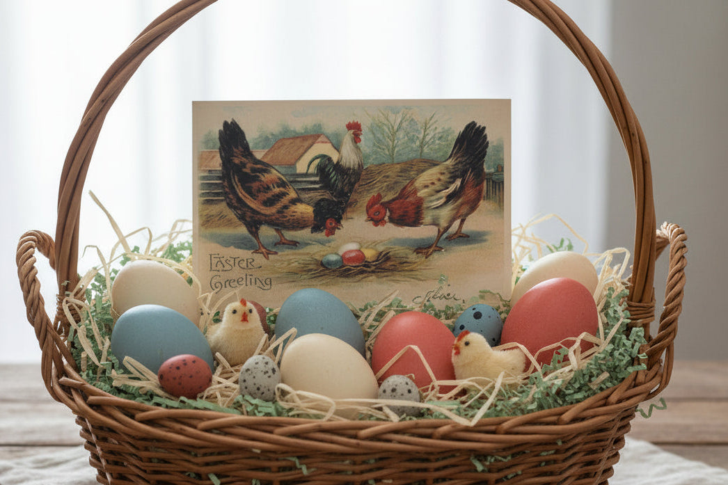 Antique or Vintage Easter postcard shown in a Easter Basket as basket stuffer.