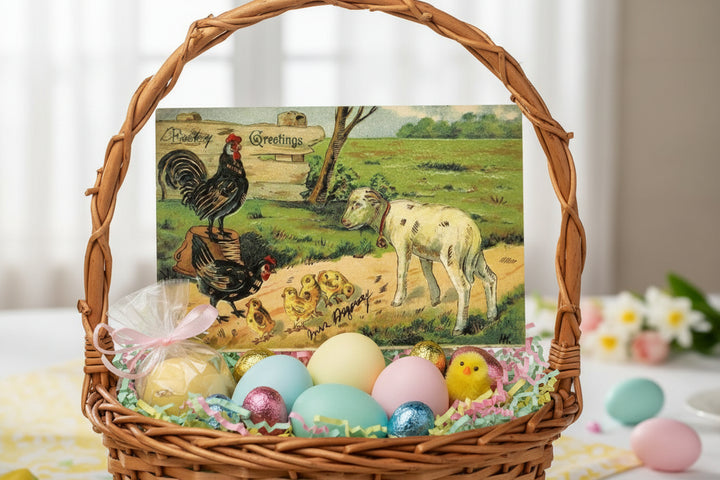 Antique or Vintage Easter postcard shown in a Easter Basket as basket stuffer.