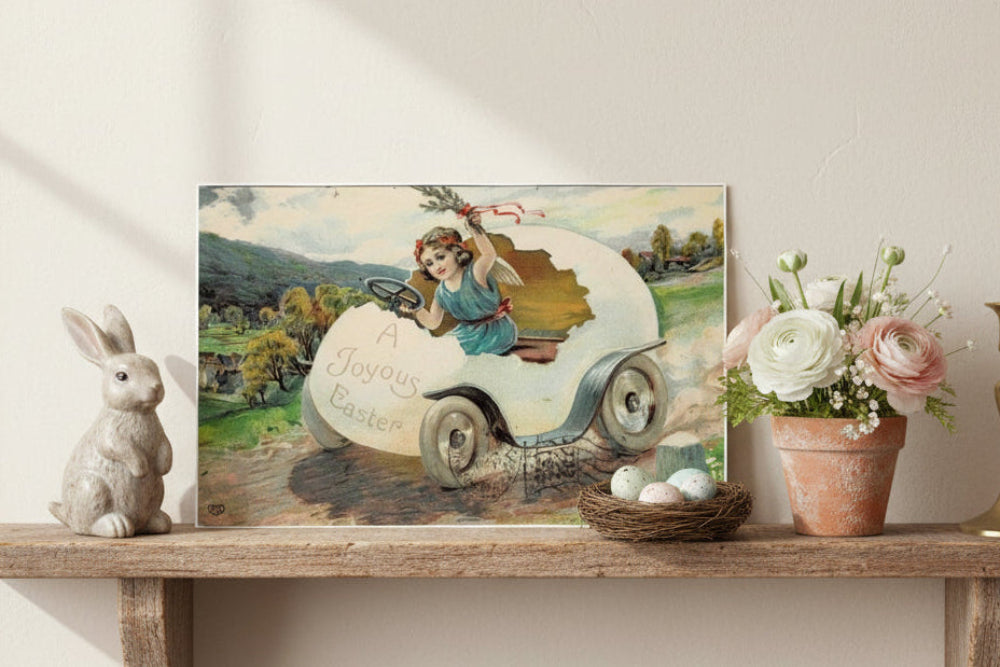 Antique, vintage Easter postcard shown on shelf as unique, seasonal holiday display.