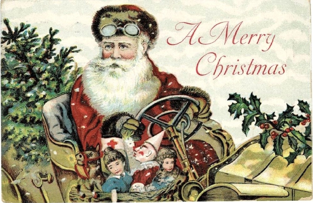 1910 Santa & Toys In A Roadster Car Vintage Christmas Postcard.