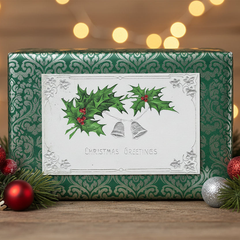 1910 Silver Bells & Holly Embossed Gilded Vintage Christmas Postcard on a green patterned background.