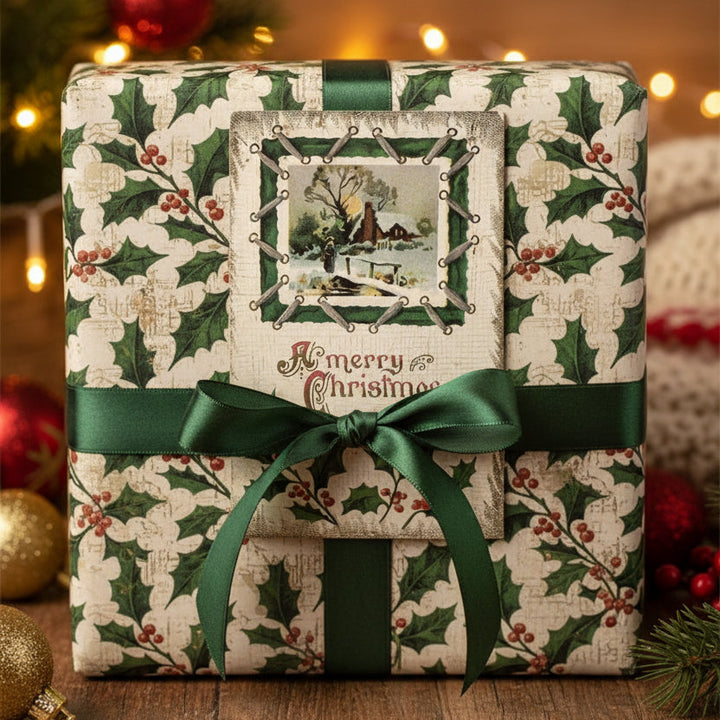 Gift box with hLet It Sew: 1910 Vintage Christmas Postcard with Silver-Gilded Threads against a festive background.