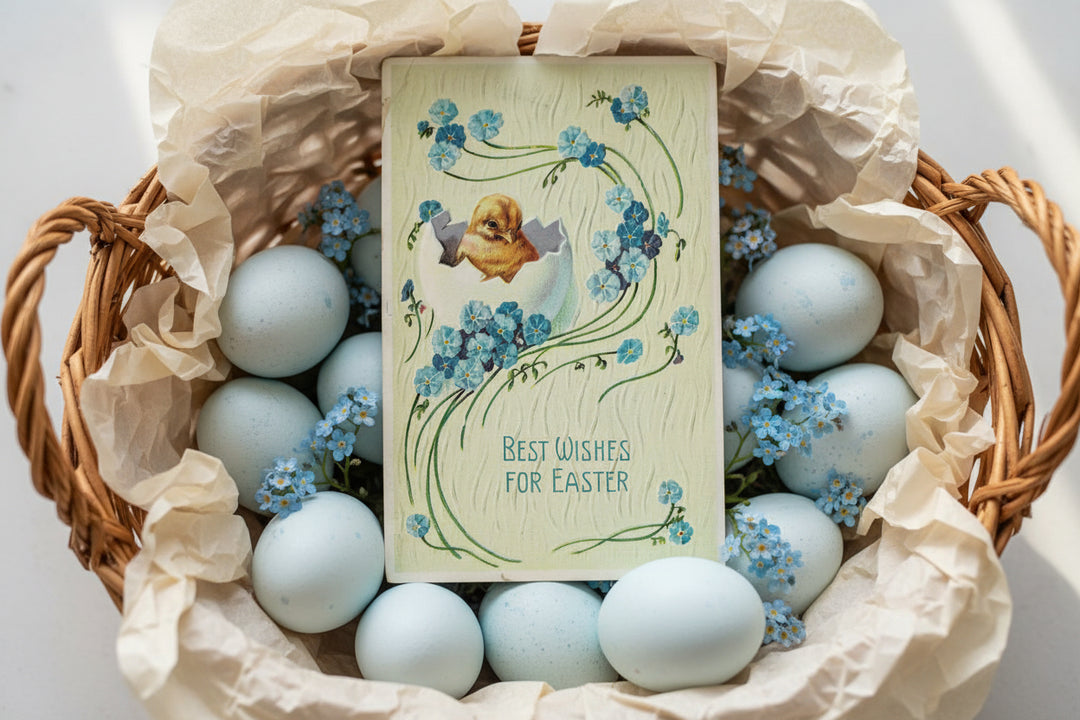 Antique vintage Easter postcard in Easter basket as basket stuffer.