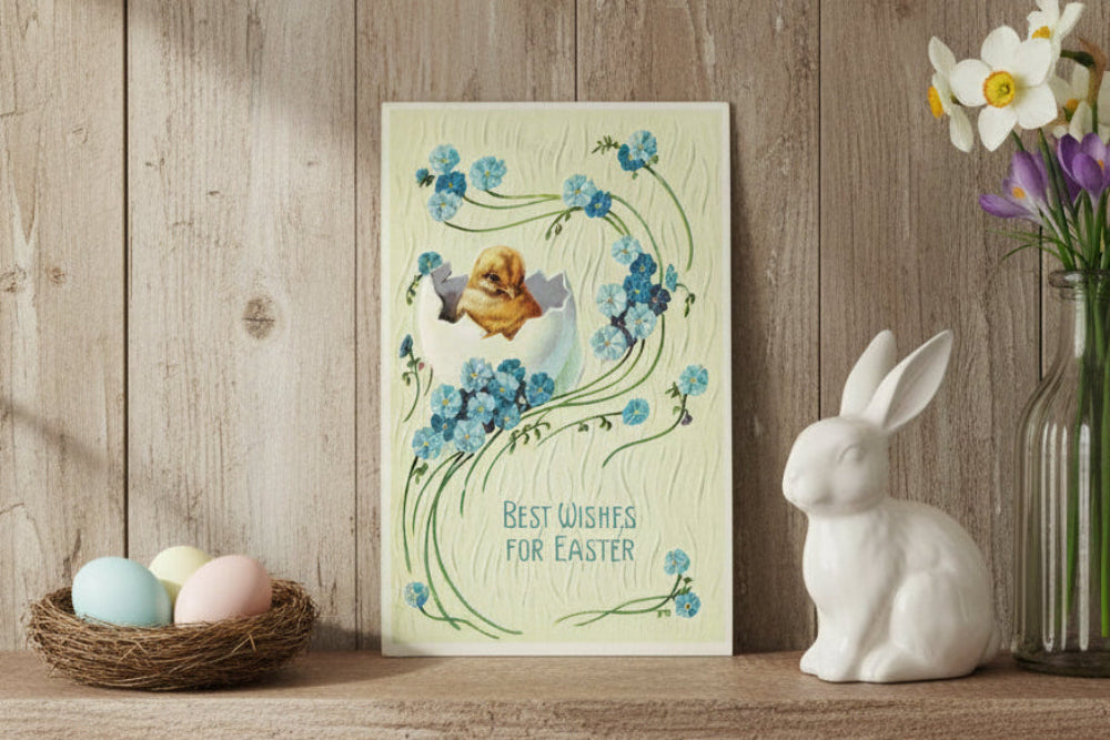 Antique, vintage Easter postcard shown on shelf as unique, seasonal holiday display.