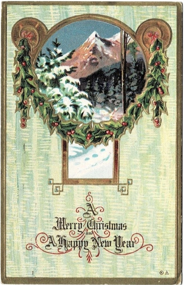 1910 Snowy Wishes: Vintage Christmas New Year Holiday Cheer Postcard.