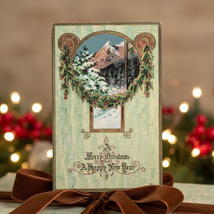 1910 Snowy Wishes: Vintage Christmas New Year Holiday Cheer Postcard.