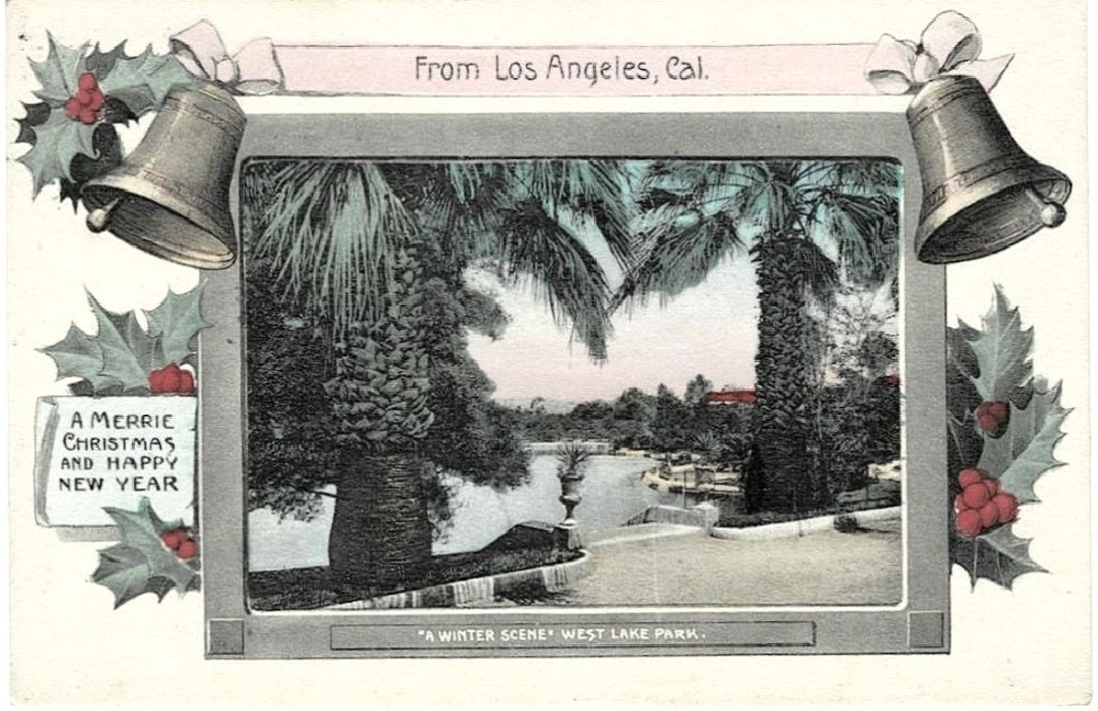 1910 Christmas & New Year ,West Lake Park, Los Angeles, California, Postcard.