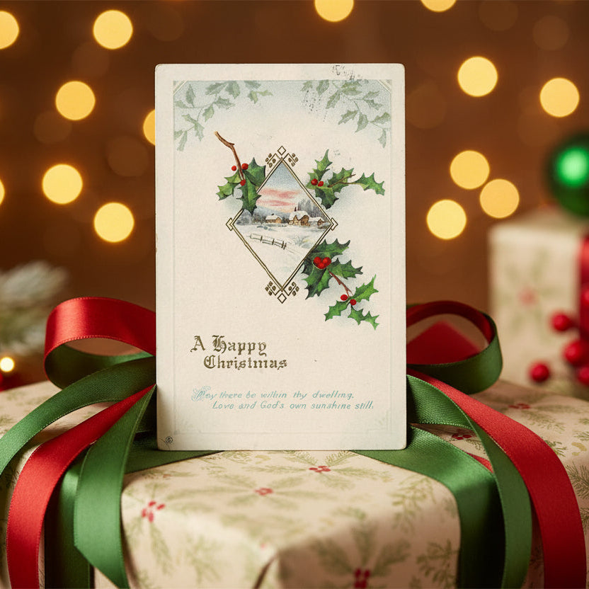 1913 En Plein Air Winter Pastoral Antique Vintage Christmas Postcard, shown as gift topper.