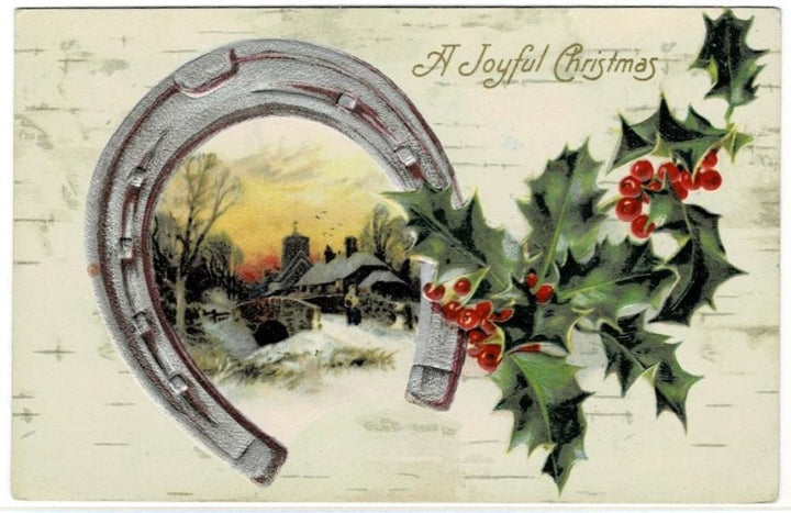 Good Luck & Good Fortune Holly & Horseshoe Vintage Christmas Postcard.