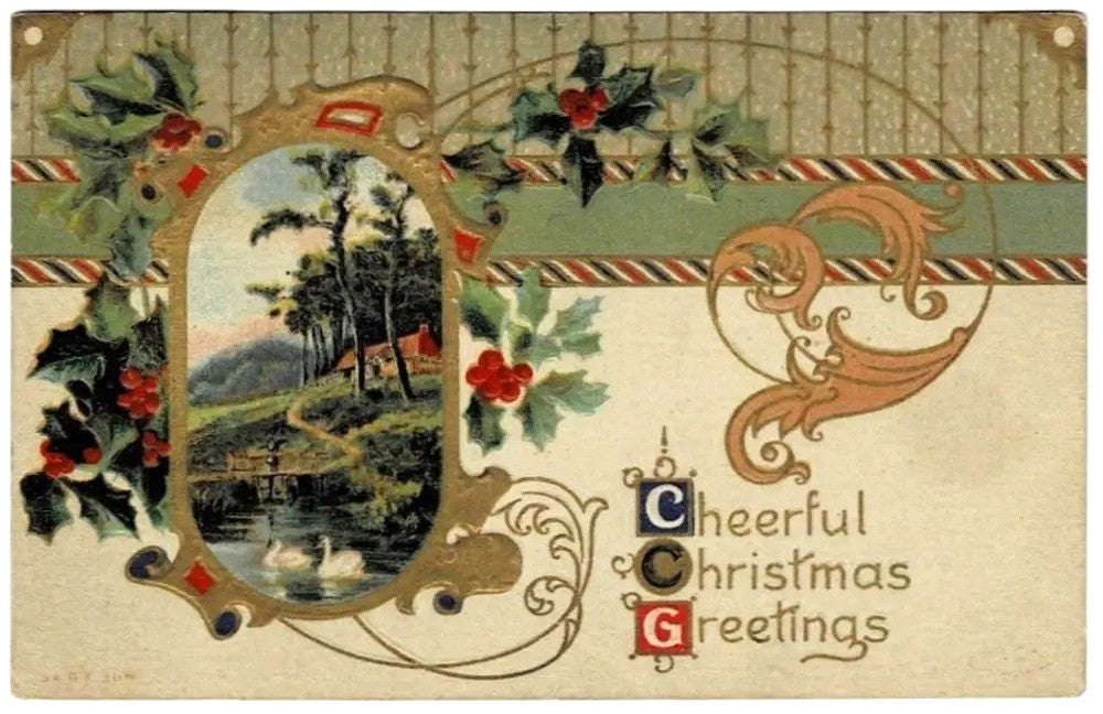 1910 Swan Lake Pastoral Antique Vintage Christmas Postcard.