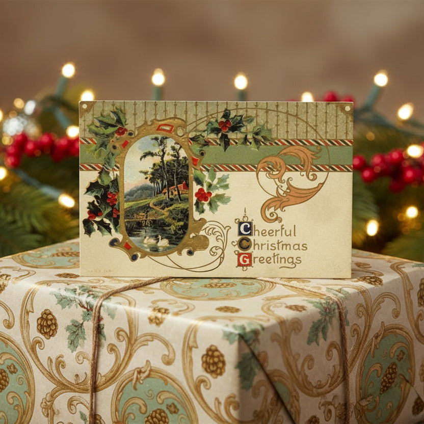 1910 Swan Lake Pastoral Antique Vintage Christmas Postcard,