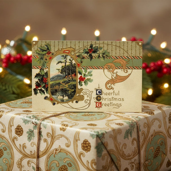 1910 Swan Lake Pastoral Antique Vintage Christmas Postcard,