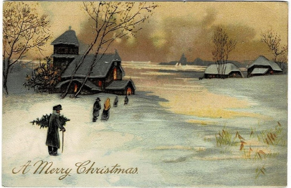 1908 Bringing Home Christmas Tree Antique Postcard.
