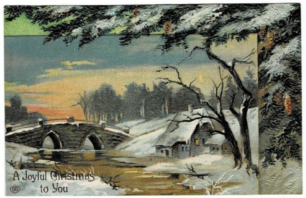 1908 Stone Bridge in Winter Vintage Antique Christmas Postcard.