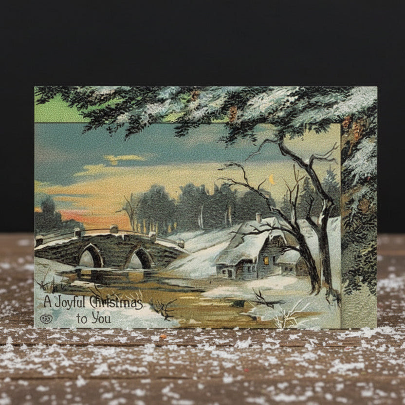 1908 Stone Bridge in Winter Vintage Antique Christmas Postcard/