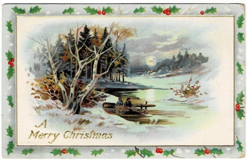 1908 Christmas Day Boat Ride Antique Vintage Romantic Art Postcard.