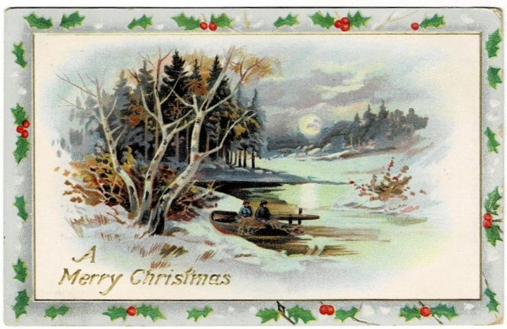 1908 Christmas Day Boat Ride Antique Vintage Romantic Art Postcard.