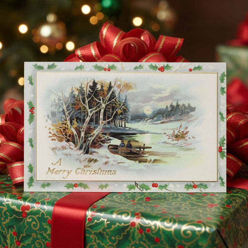 1908 Christmas Day Boat Ride Antique Vintage Romantic Art Postcard.