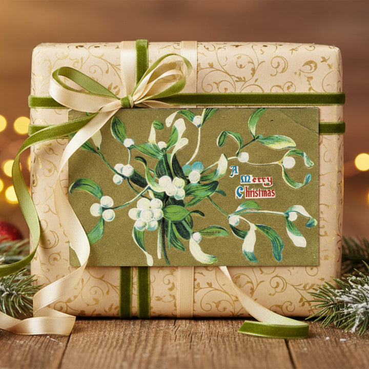 1912 Gilded Mistletoe Vintage Christmas Postcard, gift topper.