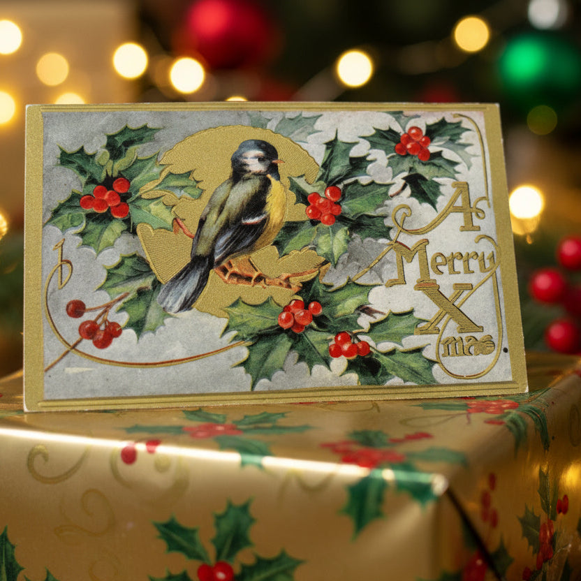 1912 Blue Tit Songbird Holly Christmas Postcard Card for Bird watcher, gift topper.