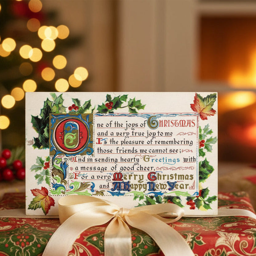 1908 Illuminated Script Christmas New Year Vintage Postcard, placed on a wrapped gift with a blurred Christmas tree and lights in the background.