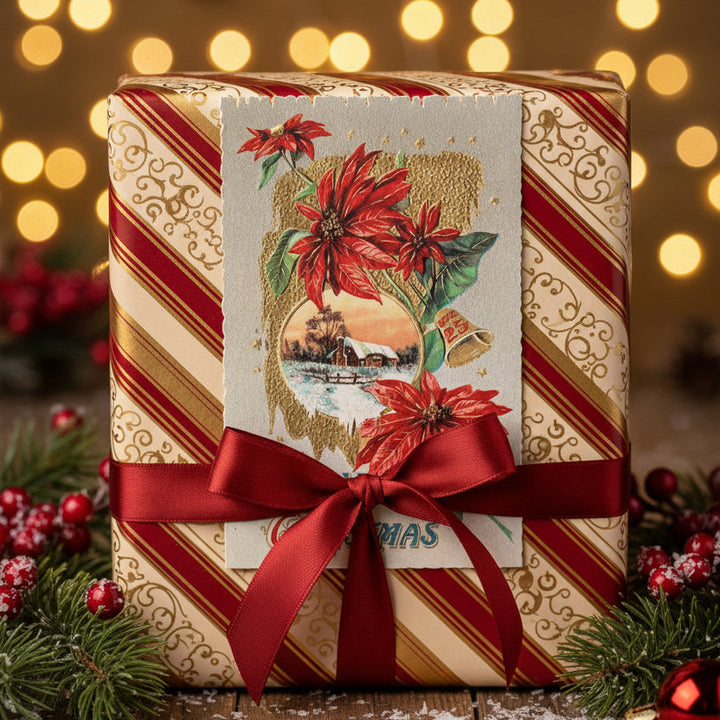 1913 Christmas Poinsettia & Winter Scene vintage postcard, as gift topper.