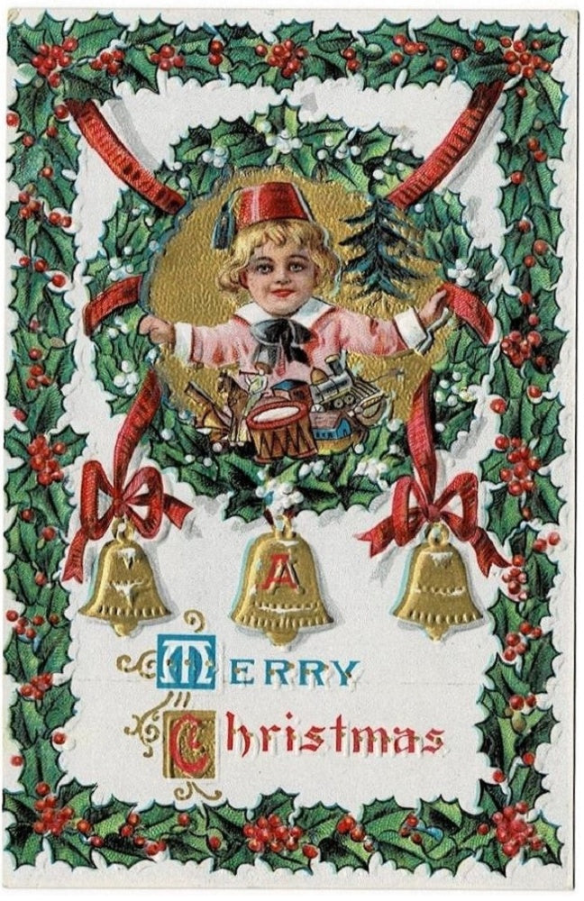 1909 Elaborate Christmas Morning Antique Vintage Postcard.