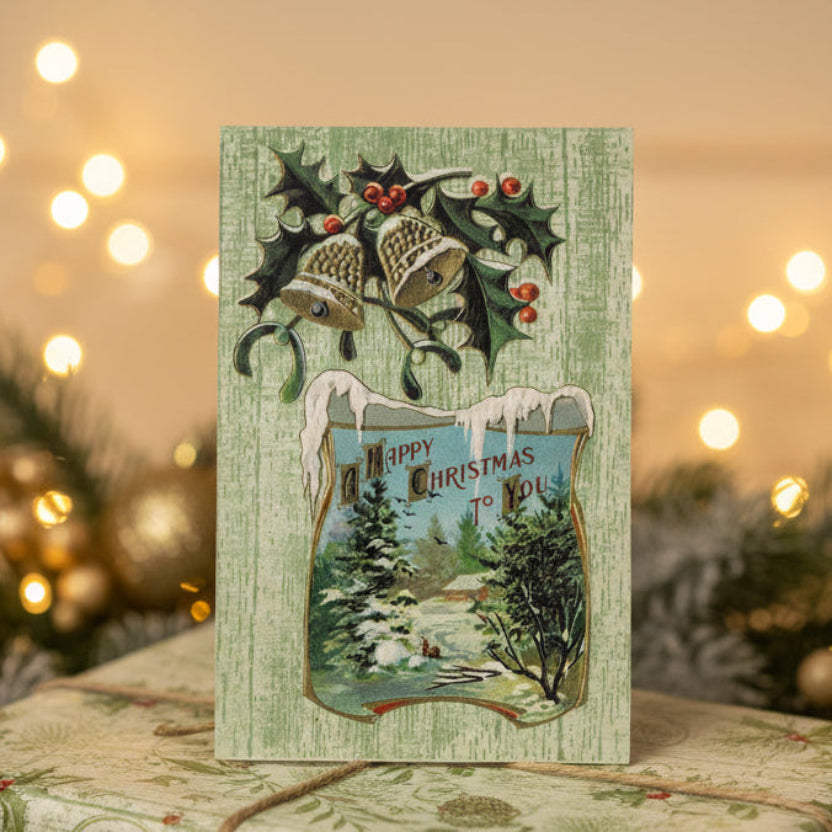 1911 Playful Rabbits in Snow & Christmas Bells Postcard,