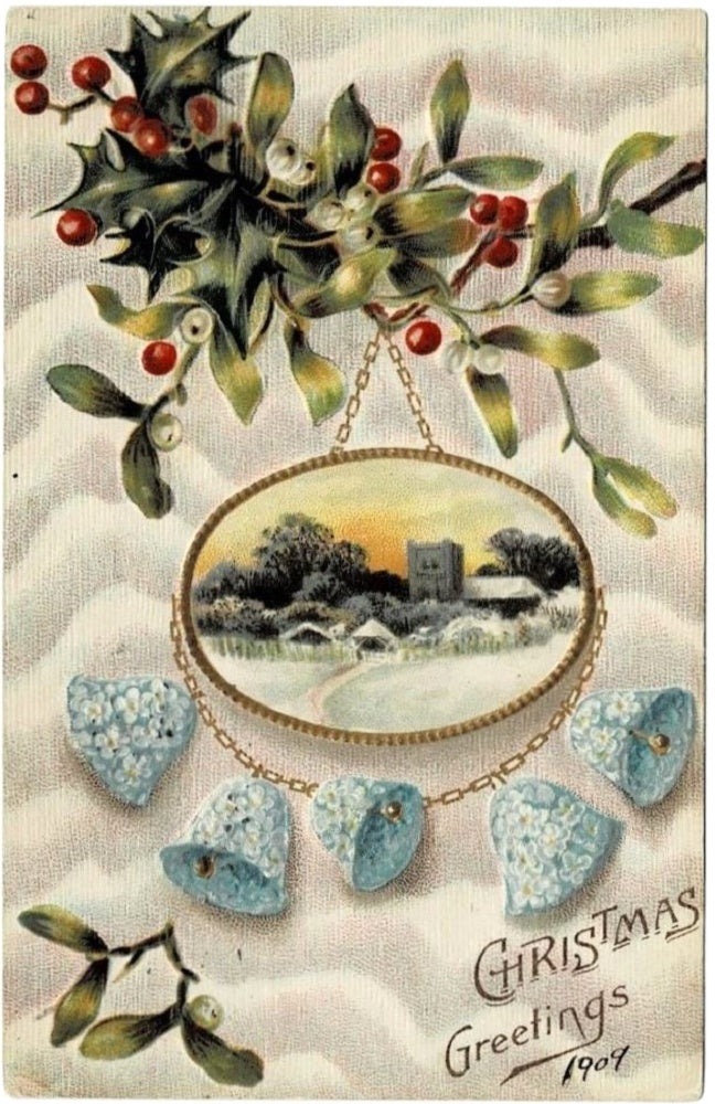 1909 Blue Christmas Bells and Winter Scene Vintage Postcard.