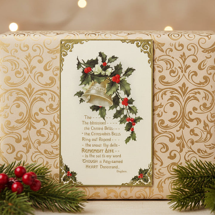 1909 Christmas Remembrance Poem by Bingham Vintage Postcard on a gold patterned background.