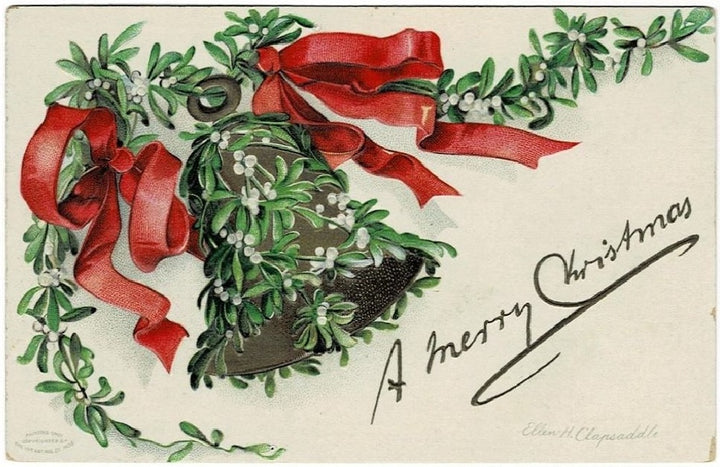 1907 Clapsaddle Christmas Bell & Mistletoe Vintage Postcard.