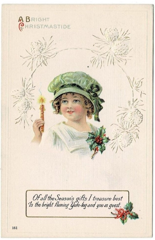 1913 Christmastide Vintage Regency Girl with Candle Christmas Postcard.